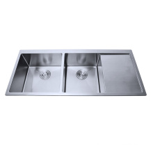 Stainless steel Handmade Square double bowl Kitchen Sink with Drainboard